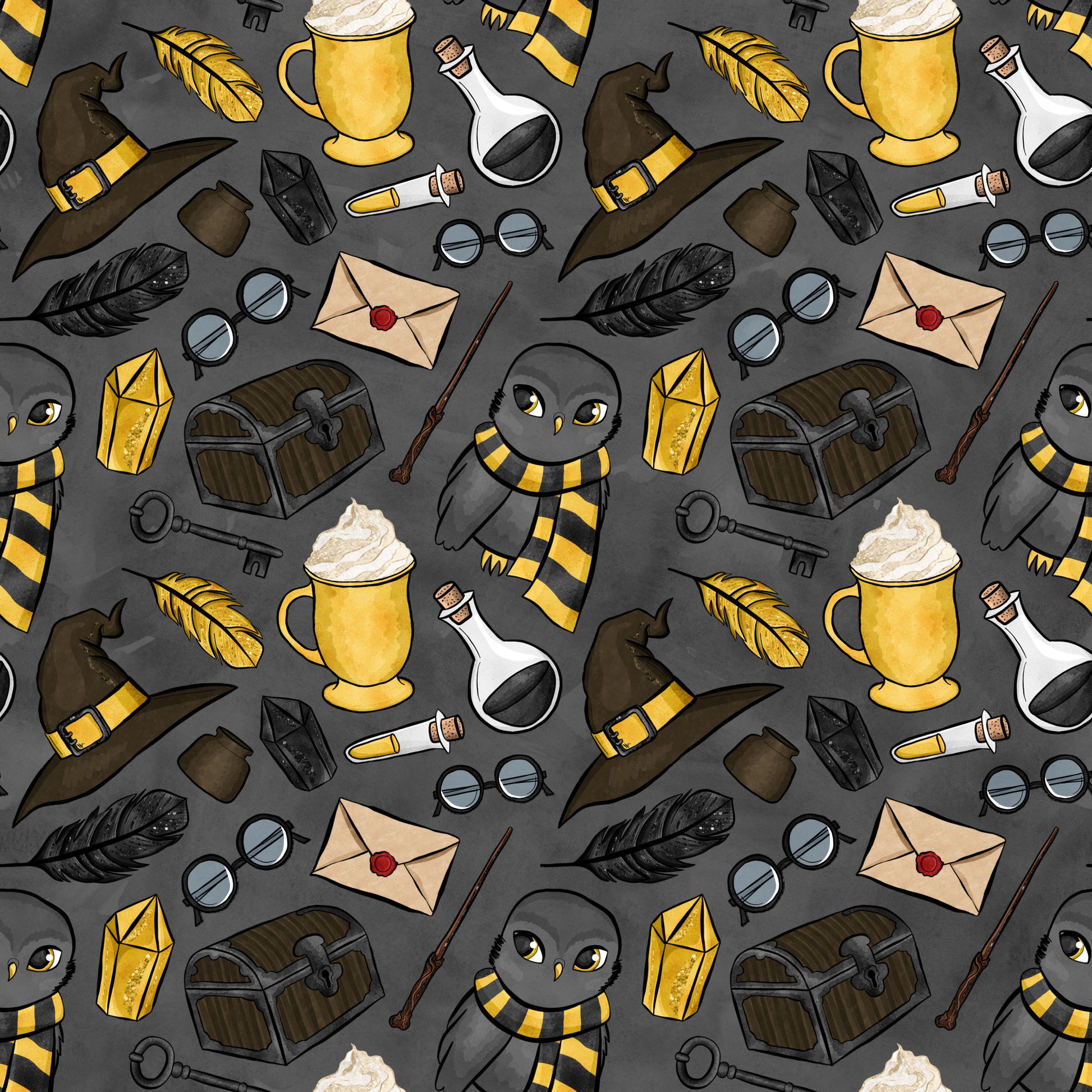 charcoal gray, mustard yellow, wizard hats, magical owls, potion bottles, treasure chests, feathers, wands, envelopes, magnifying glass, keys, striped scarves, quilting cotton, fabric panel, whimsical illustrations, magical school, fantasy theme, cartoon style, repeating pattern, mystical elements