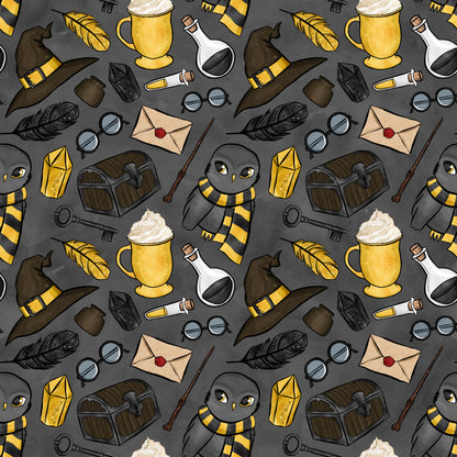 charcoal gray, mustard yellow, wizard hats, magical owls, potion bottles, treasure chests, feathers, wands, envelopes, magnifying glass, keys, striped scarves, quilting cotton, fabric panel, whimsical illustrations, magical school, fantasy theme, cartoon style, repeating pattern, mystical elements