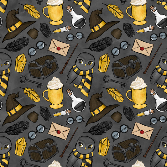 charcoal gray, mustard yellow, wizard hats, magical owls, potion bottles, treasure chests, feathers, wands, envelopes, magnifying glass, keys, striped scarves, quilting cotton, fabric panel, whimsical illustrations, magical school, fantasy theme, cartoon style, repeating pattern, mystical elements