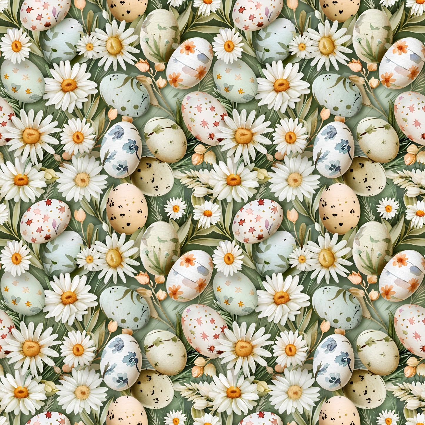 easter eggs, white daisies, green foliage, sage green, cream, peach, floral pattern, spring flowers, botanical design, quilting cotton, fabric panel, easter theme, pastel colors, decorative eggs, wildflowers, meadow pattern, seamless repeat, cottage core, nature motifs, spring seasonal