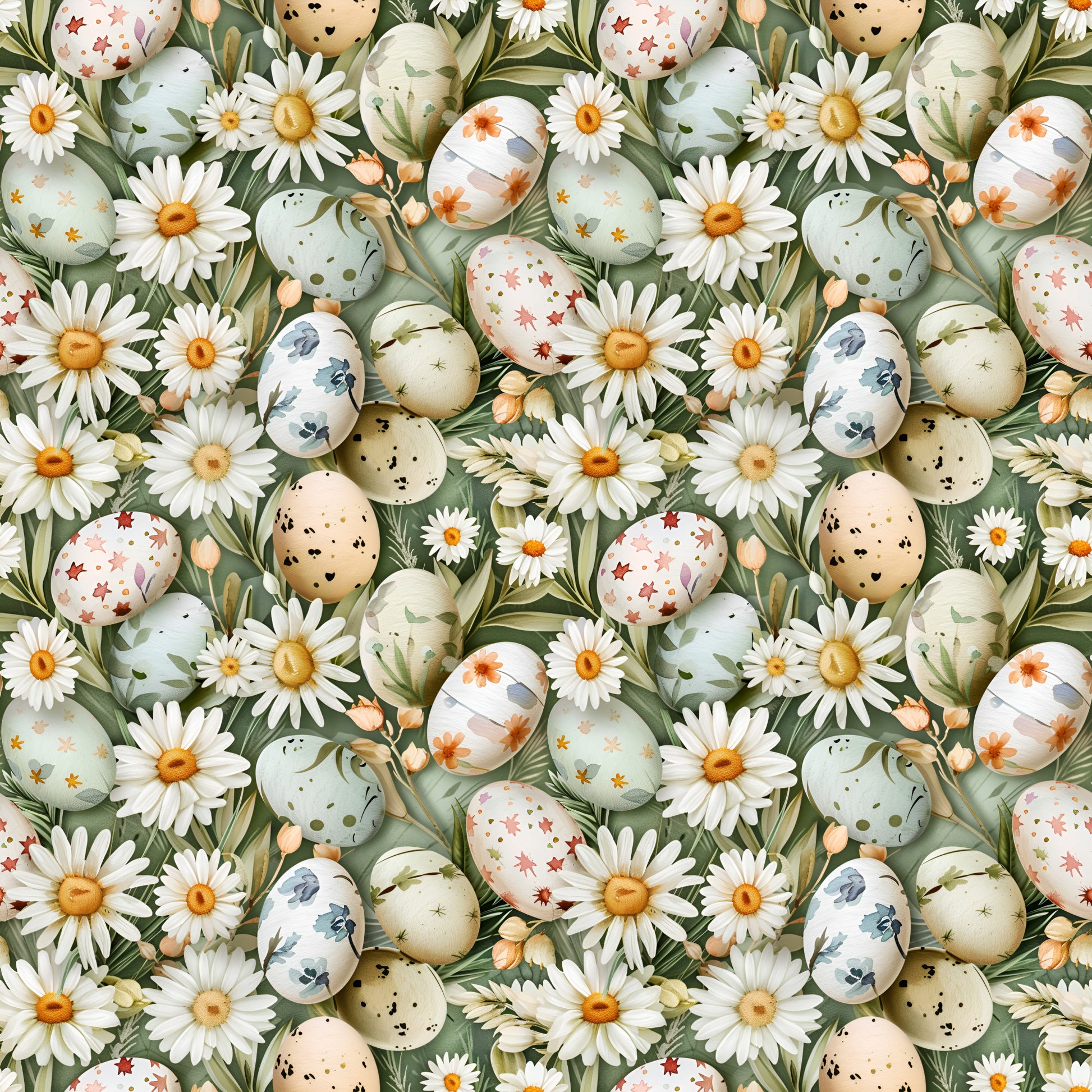 easter eggs, white daisies, green foliage, sage green, cream, peach, floral pattern, spring flowers, botanical design, quilting cotton, fabric panel, easter theme, pastel colors, decorative eggs, wildflowers, meadow pattern, seamless repeat, cottage core, nature motifs, spring seasonal