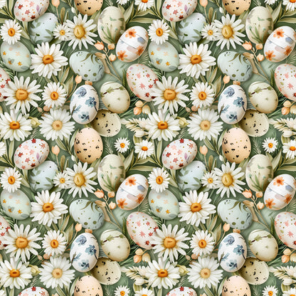 easter eggs, white daisies, green foliage, sage green, cream, peach, floral pattern, spring flowers, botanical design, quilting cotton, fabric panel, easter theme, pastel colors, decorative eggs, wildflowers, meadow pattern, seamless repeat, cottage core, nature motifs, spring seasonal