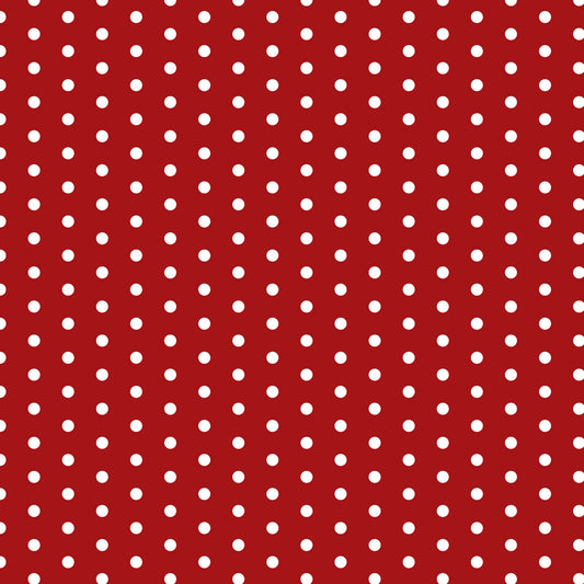 red background, white polka dots, retro pattern, 1950s style, diner aesthetic, vintage design, quilting cotton, fabric panel, geometric dots, mid-century modern, nostalgic pattern, americana style, repeating circles, rockabilly motif, cotton fabric, crafting material, sewing supplies, polka dot print, cherry red, bright white