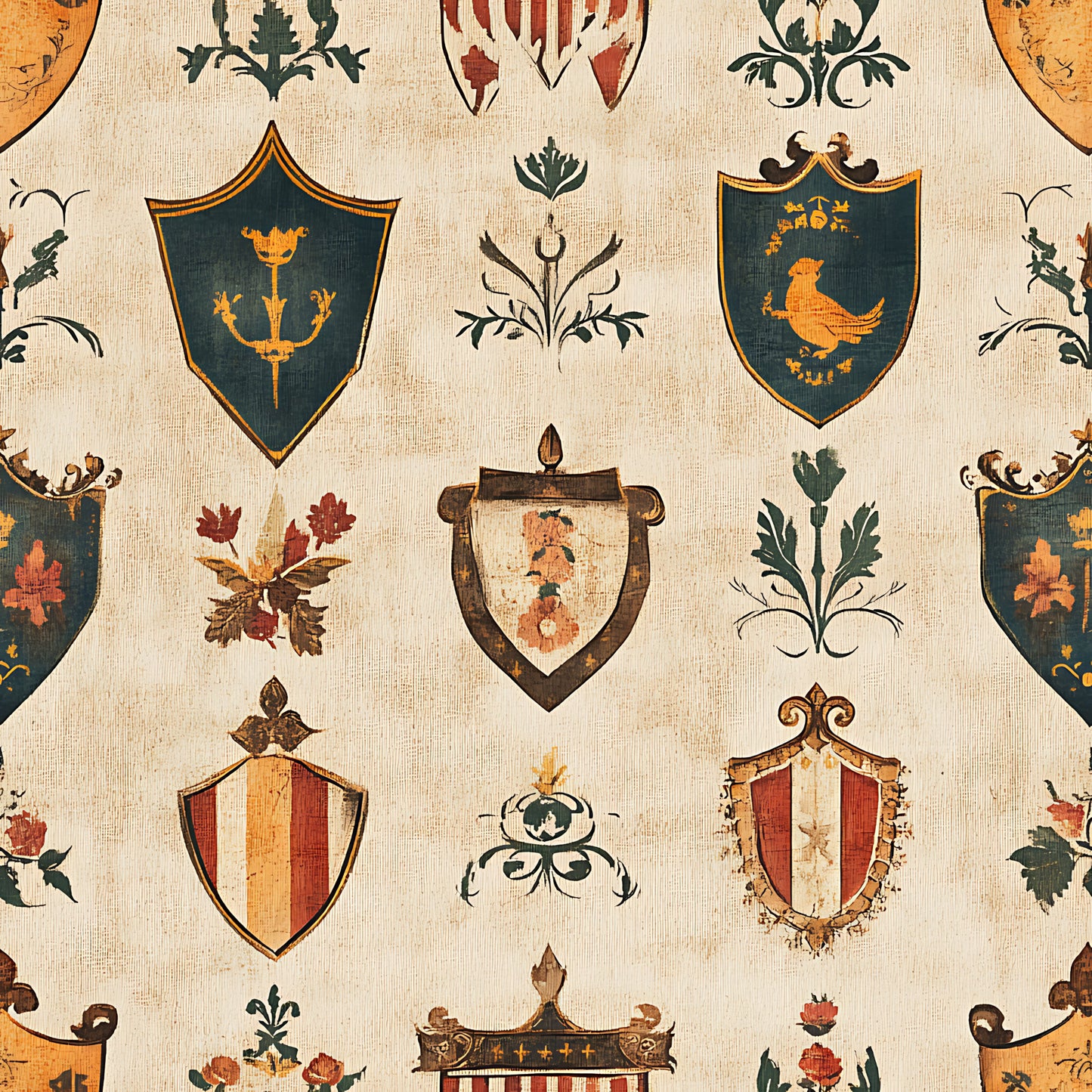 rustic, german banners, heraldic shields, medieval crests, coat of arms, beige background, teal green, burnt orange, burgundy red, golden yellow, brown accents, decorative flourishes, botanical motifs, bird emblems, striped patterns, vintage style, quilting cotton, fabric panel, european inspired, antiqued finish
