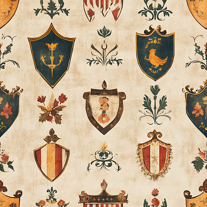 rustic, german banners, heraldic shields, medieval crests, coat of arms, beige background, teal green, burnt orange, burgundy red, golden yellow, brown accents, decorative flourishes, botanical motifs, bird emblems, striped patterns, vintage style, quilting cotton, fabric panel, european inspired, antiqued finish