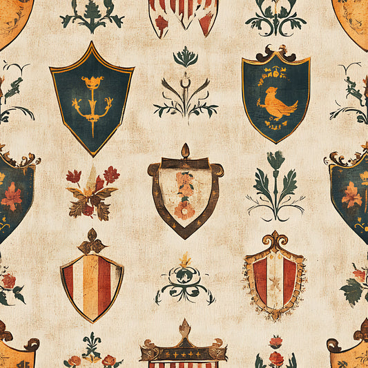 rustic, german banners, heraldic shields, medieval crests, coat of arms, beige background, teal green, burnt orange, burgundy red, golden yellow, brown accents, decorative flourishes, botanical motifs, bird emblems, striped patterns, vintage style, quilting cotton, fabric panel, european inspired, antiqued finish