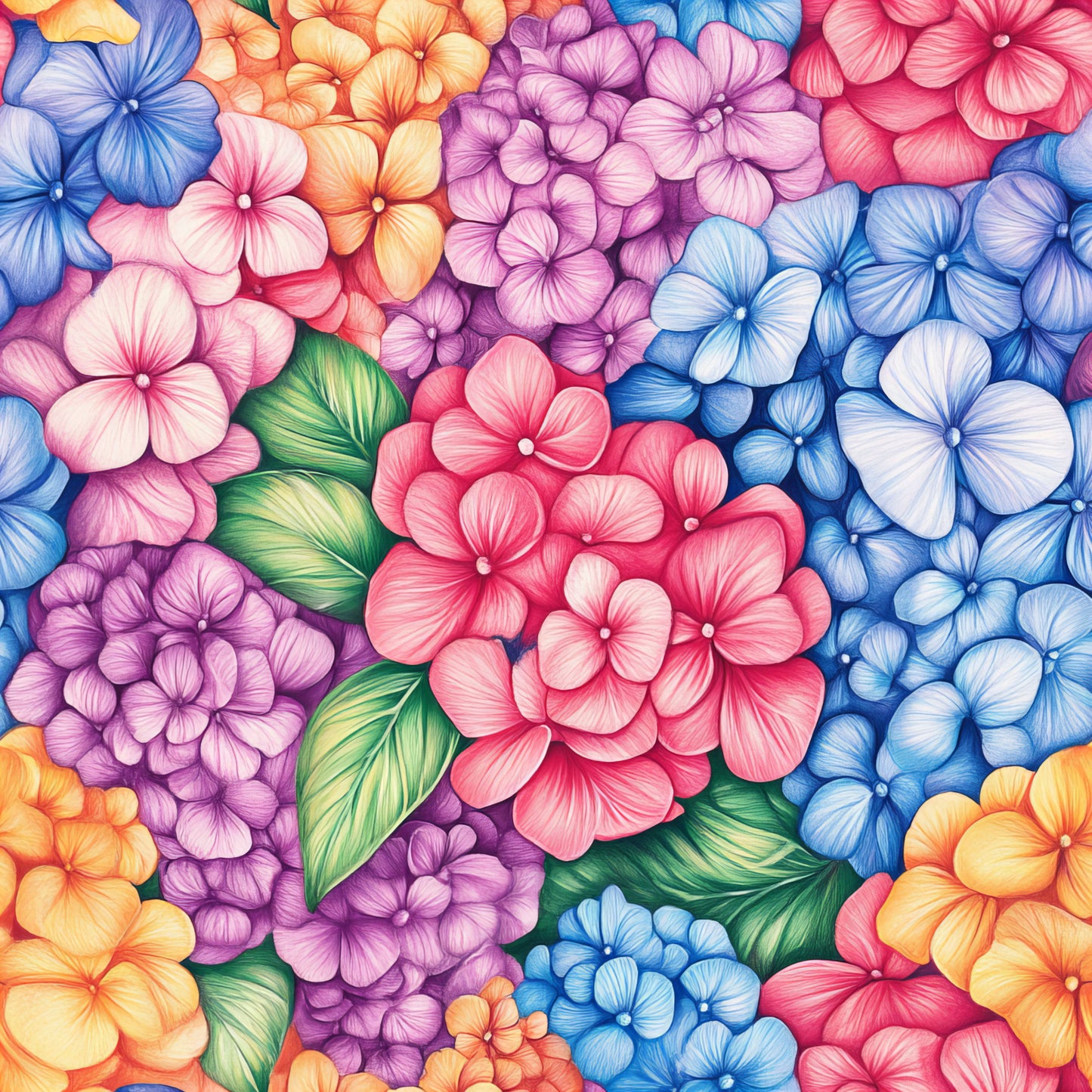 hydrangeas, floral pattern, pink flowers, blue flowers, purple flowers, orange flowers, coral blooms, green leaves, botanical design, watercolor style, quilting cotton, fabric panel, summer florals, garden flowers, colorful petals, clustered blooms, nature motif, bright colors, feminine florals, crafting fabric