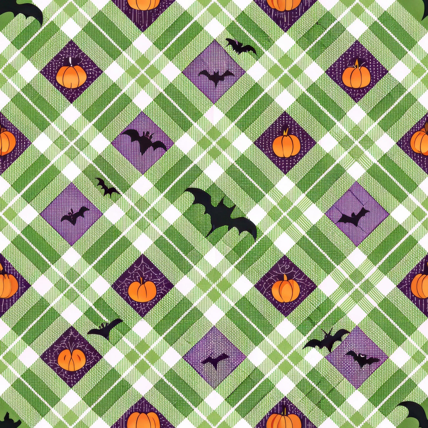 halloween fabric, quilting cotton, orange pumpkins, black bats, purple diamonds, green gingham, white checks, plaid pattern, geometric design, autumn colors, seasonal motifs, halloween theme, diamond shapes, checkered background, orange accents, purple squares, flying bats, harvest pumpkins, fabric panel, cotton material