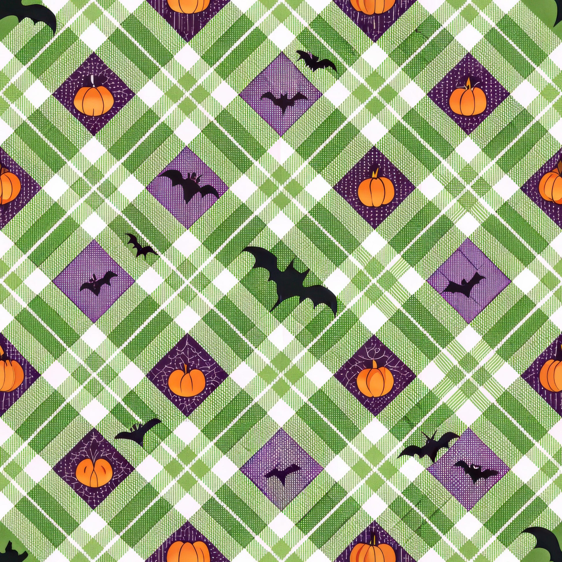 halloween fabric, quilting cotton, orange pumpkins, black bats, purple diamonds, green gingham, white checks, plaid pattern, geometric design, autumn colors, seasonal motifs, halloween theme, diamond shapes, checkered background, orange accents, purple squares, flying bats, harvest pumpkins, fabric panel, cotton material