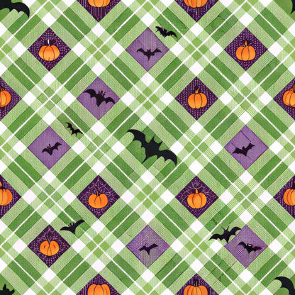 halloween fabric, quilting cotton, orange pumpkins, black bats, purple diamonds, green gingham, white checks, plaid pattern, geometric design, autumn colors, seasonal motifs, halloween theme, diamond shapes, checkered background, orange accents, purple squares, flying bats, harvest pumpkins, fabric panel, cotton material