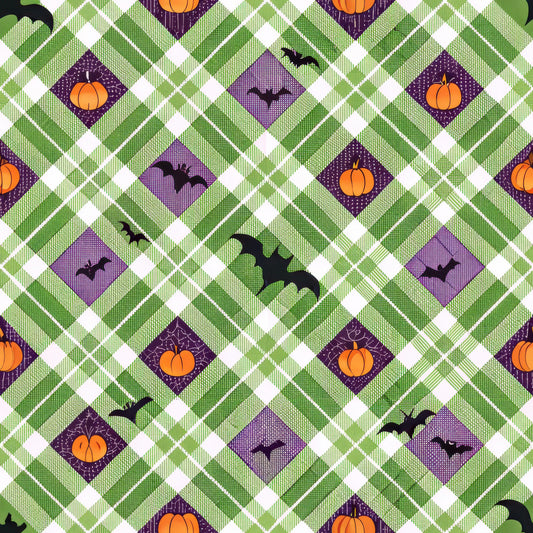 - Halloween Gingham and Stripes Pattern 5 Quilting Cotton Fabric  
- Orange pumpkins  
- Black bats  
- Green and white gingham check  
- Purple diamond shapes  
- Cotton fabric  
- Quilting material  
- Seasonal Halloween design  
- Plaid texture  
- Autumn crafting fabric