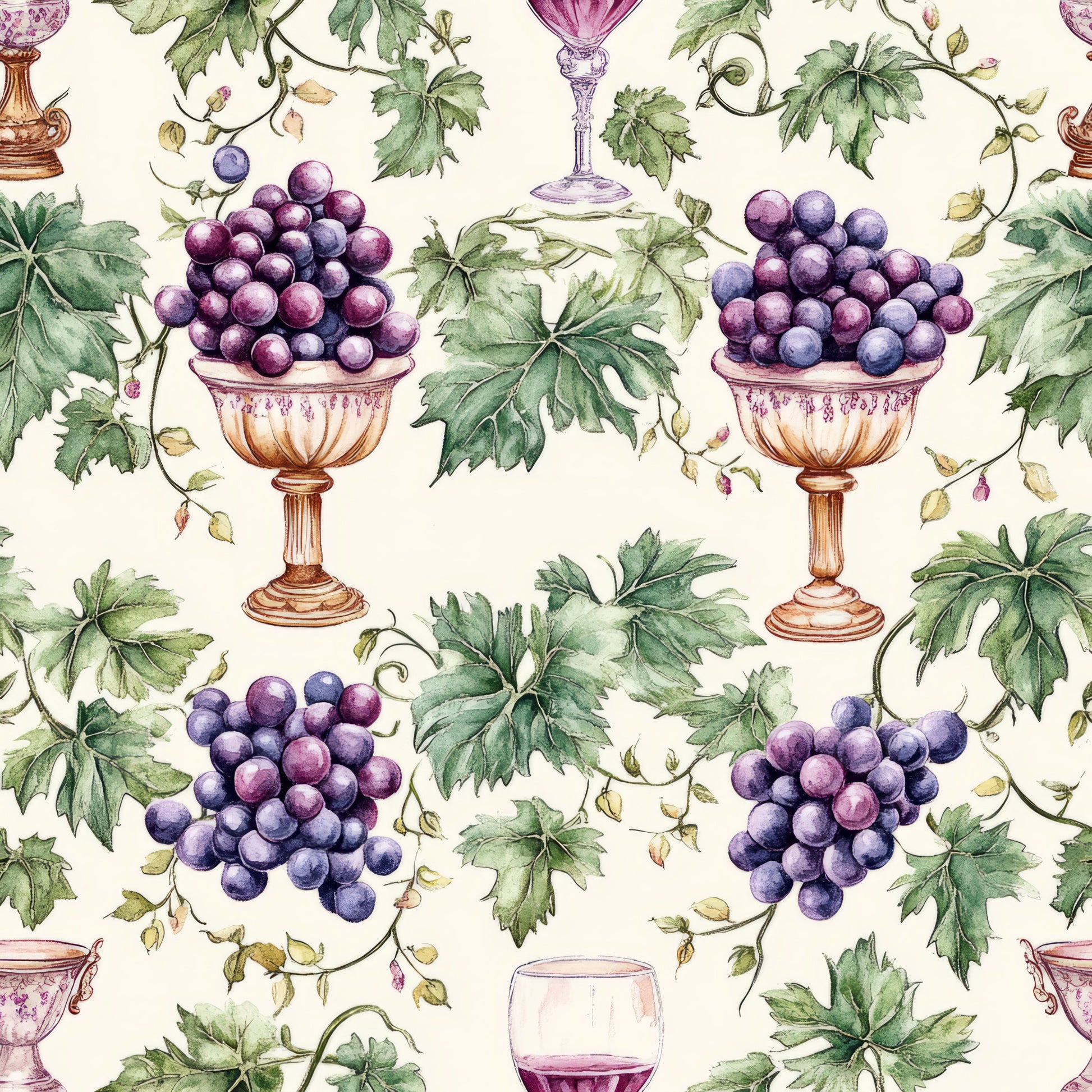 purple grapes, green leaves, wine glasses, ornate bowls, vineyard theme, botanical illustration, watercolor style, cream background, grape vines, decorative urns, wine country, fruit motifs, quilting cotton, fabric panel, vintage style, repeating pattern, nature elements, wine themed, elegant design, harvest motif