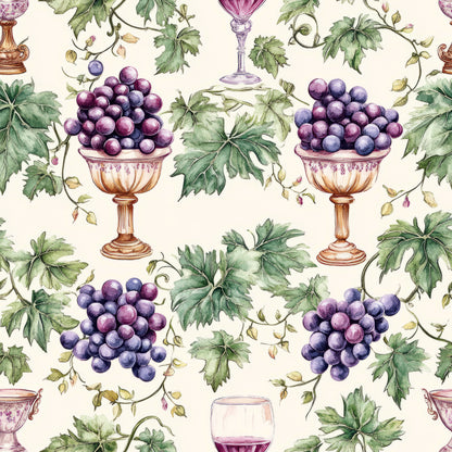 purple grapes, green leaves, wine glasses, ornate bowls, vineyard theme, botanical illustration, watercolor style, cream background, grape vines, decorative urns, wine country, fruit motifs, quilting cotton, fabric panel, vintage style, repeating pattern, nature elements, wine themed, elegant design, harvest motif