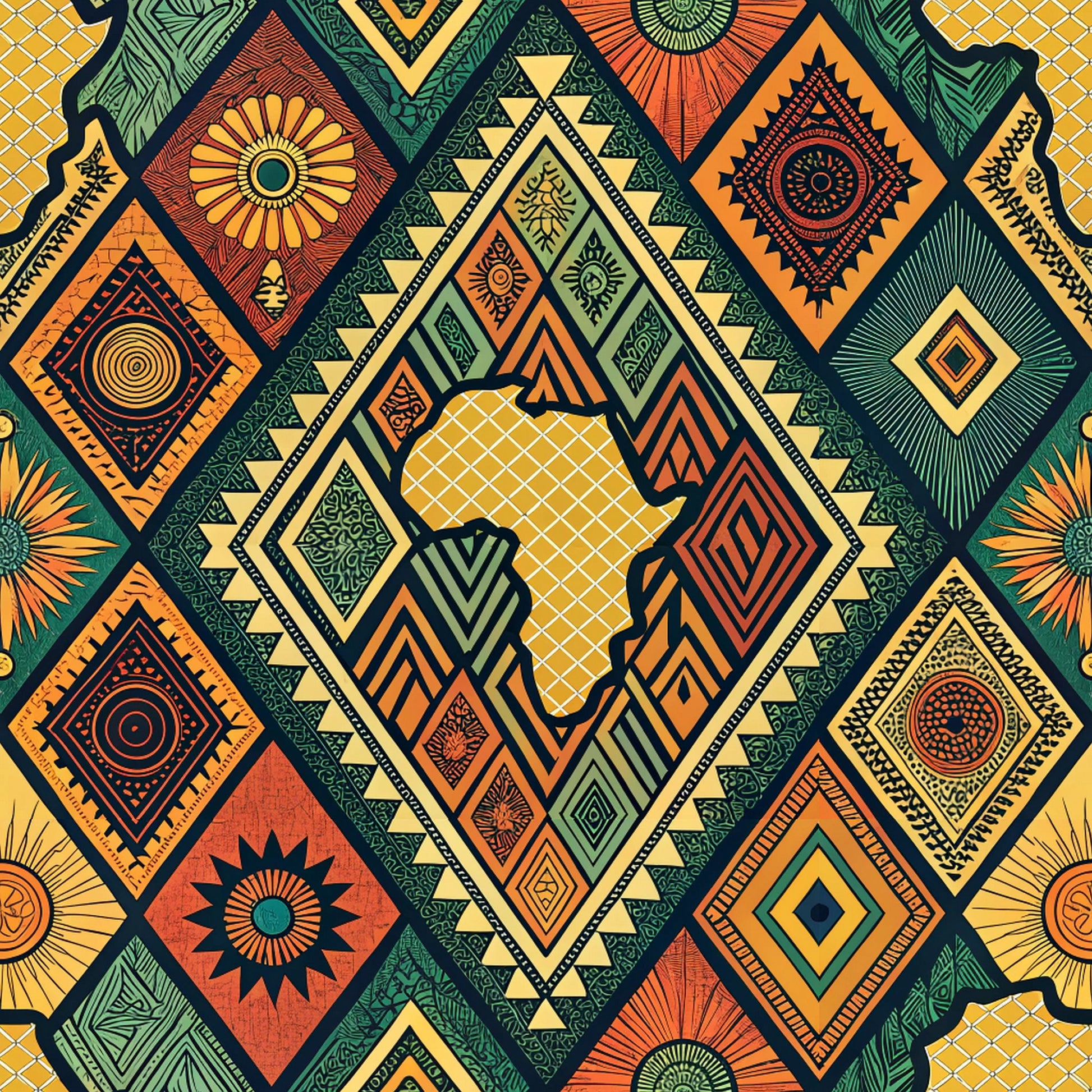 african tribal pattern, geometric motifs, diamond shapes, circular designs, sunburst patterns, africa continent silhouette, orange, yellow, green, teal, red, earth tones, quilting cotton, fabric panel, ethnic design, tribal art, crosshatch texture, radial patterns, mosaic style, vibrant colors