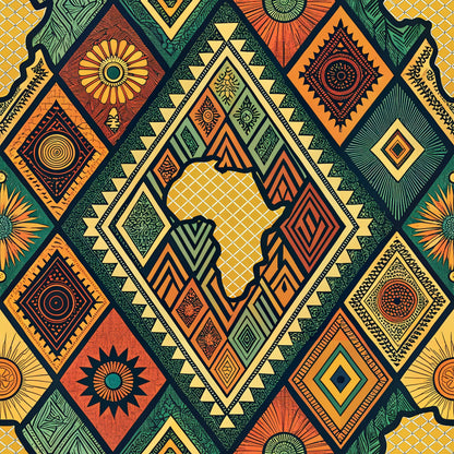 african tribal pattern, geometric motifs, diamond shapes, circular designs, sunburst patterns, africa continent silhouette, orange, yellow, green, teal, red, earth tones, quilting cotton, fabric panel, ethnic design, tribal art, crosshatch texture, radial patterns, mosaic style, vibrant colors