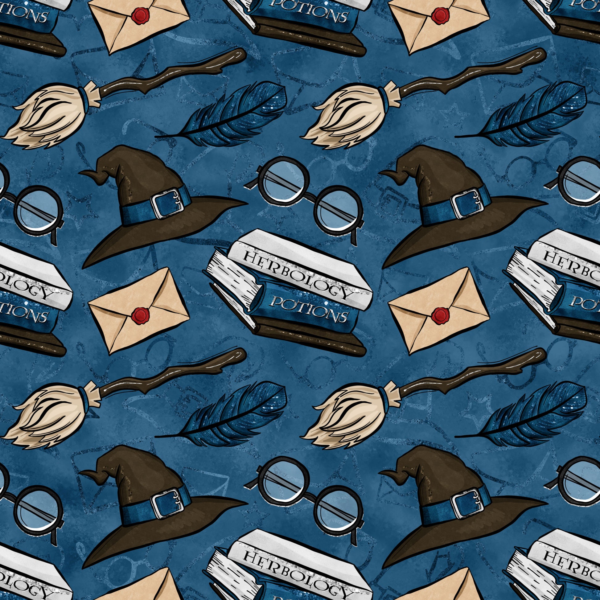 blue background, wizard hats, broomsticks, feathers, round glasses, envelopes, wax seals, herbology potions, magical items, fantasy theme, repeating pattern, quilting cotton, fabric panel, whimsical design, navy blue, brown accents, cream colored, mystical elements, school supplies, potion bottles