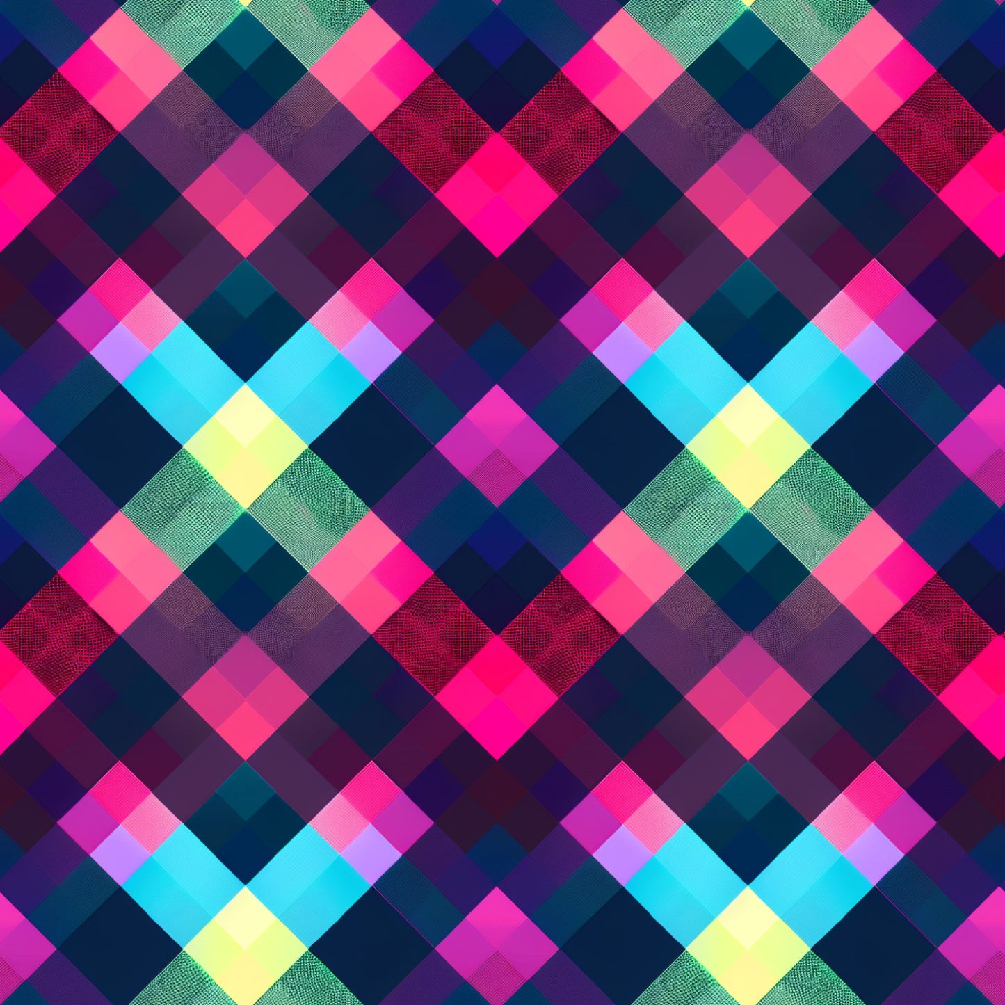 neon pink, electric blue, bright yellow, lime green, teal, purple, magenta, gingham pattern, checkered design, geometric squares, diamond arrangement, quilting cotton, fabric panel, vibrant colors, fluorescent hues, modern gingham, contemporary pattern, bright checkered, neon plaid, quilting material