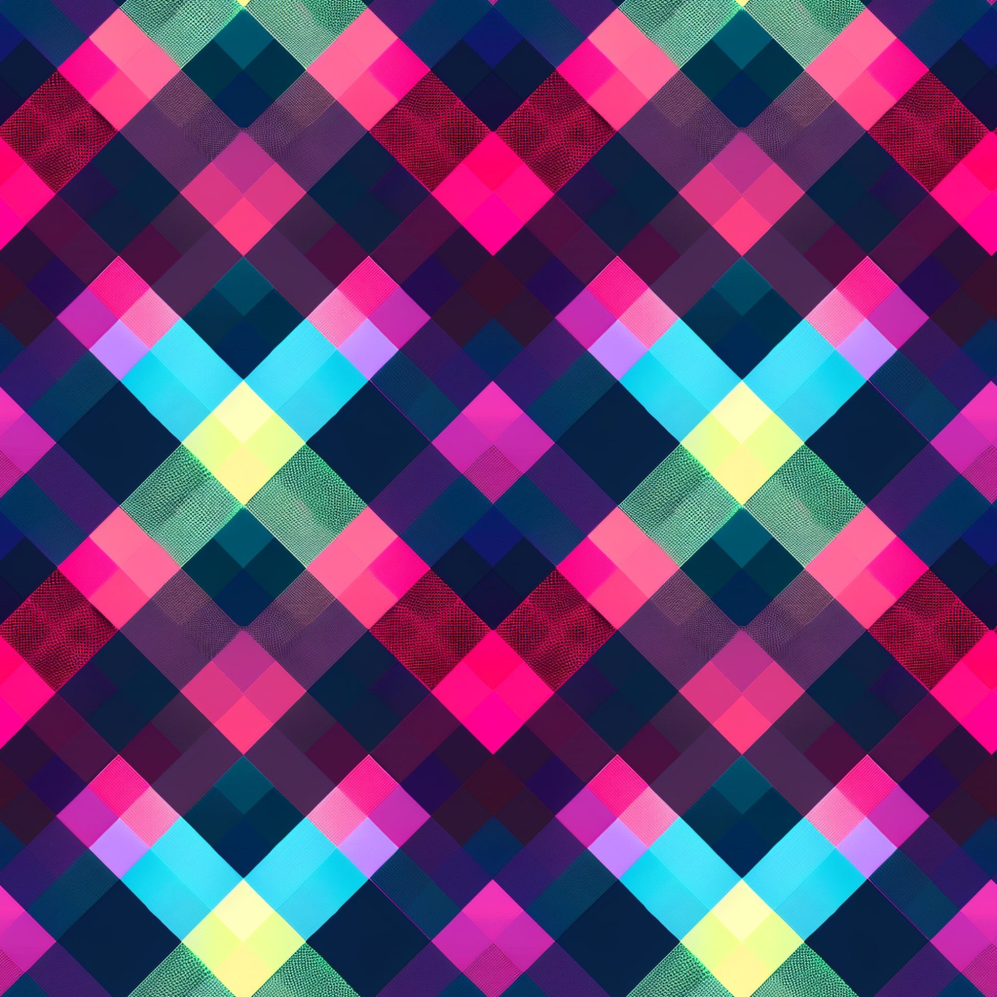 neon pink, electric blue, bright yellow, lime green, teal, purple, magenta, gingham pattern, checkered design, geometric squares, diamond arrangement, quilting cotton, fabric panel, vibrant colors, fluorescent hues, modern gingham, contemporary pattern, bright checkered, neon plaid, quilting material