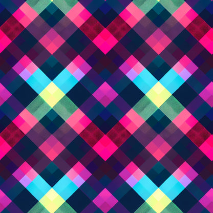 neon pink, electric blue, bright yellow, lime green, teal, purple, magenta, gingham pattern, checkered design, geometric squares, diamond arrangement, quilting cotton, fabric panel, vibrant colors, fluorescent hues, modern gingham, contemporary pattern, bright checkered, neon plaid, quilting material