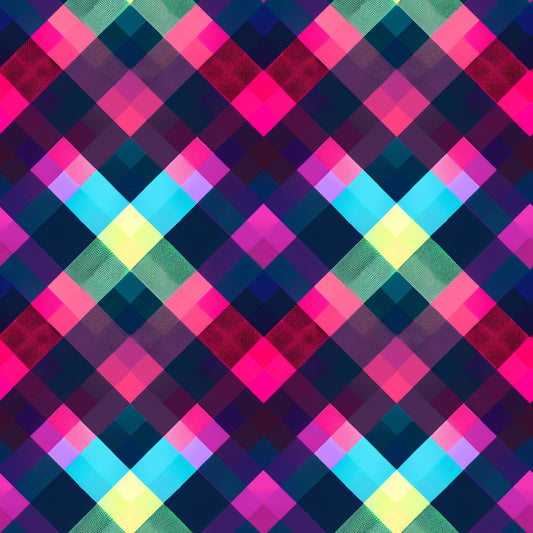 neon pink, electric blue, bright yellow, lime green, teal, purple, magenta, gingham pattern, checkered design, geometric squares, diamond arrangement, quilting cotton, fabric panel, vibrant colors, fluorescent hues, modern gingham, contemporary pattern, bright checkered, neon plaid, quilting material