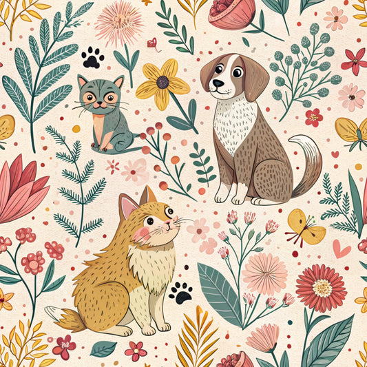 coral pink, sage green, mustard yellow, cream background, cats, dogs, paw prints, floral pattern, botanical elements, leaves, flowers, whimsical illustration, cute animals, folk art style, quilting cotton, fabric panel, pet themed, nature motif, playful design, warm color palette