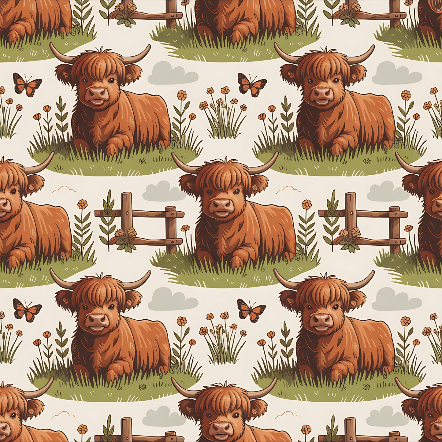 Cartoon Highland Cows Pattern 10 Quilting Cotton Fabric