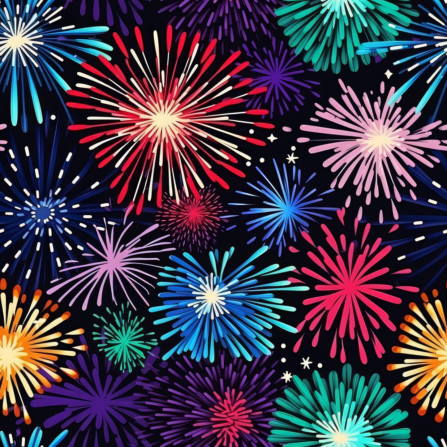 fireworks pattern, black background, red fireworks, blue fireworks, purple fireworks, pink fireworks, teal fireworks, yellow fireworks, orange fireworks, white fireworks, starburst design, celebration theme, festive pattern, quilting cotton, fabric panel, colorful explosions, radiating lines, patriotic colors, party theme, bright colors, geometric bursts
