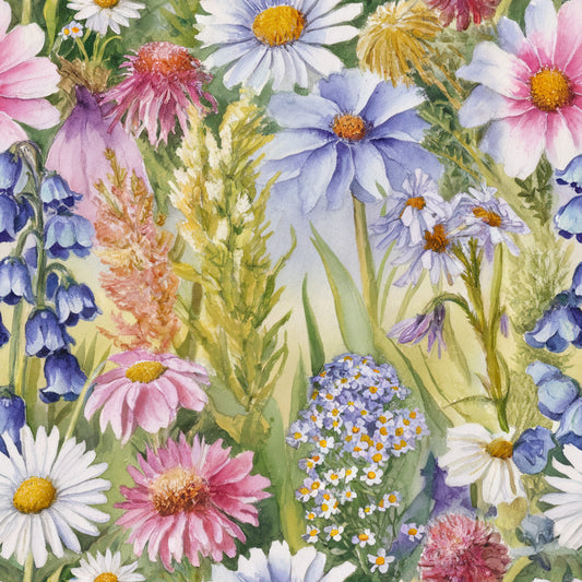 wildflowers, watercolor style, botanical illustration, pink flowers, blue flowers, white daisies, purple blooms, yellow centers, green foliage, quilting cotton, fabric panel, floral pattern, spring meadow, delicate petals, pastel colors, nature inspired, soft hues, garden flowers, artistic rendering, cotton fabric