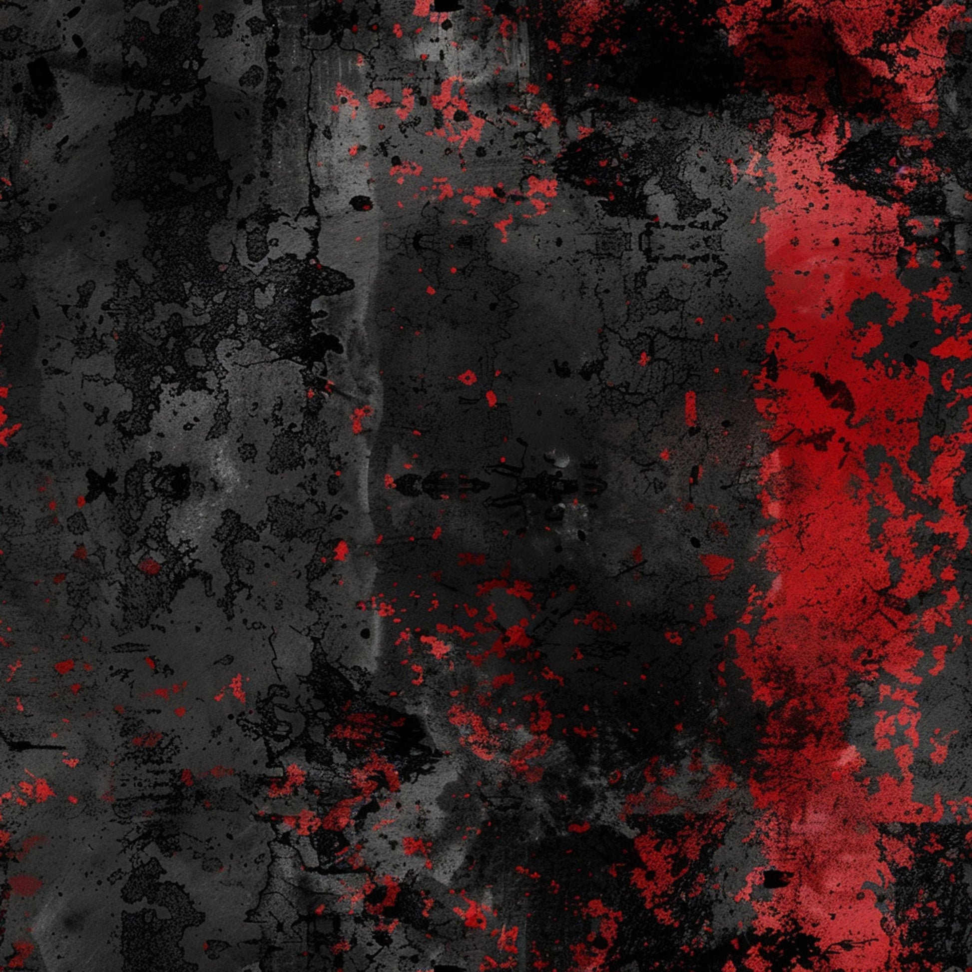 red, black, gray, grunge, distressed, abstract, textured, splatters, weathered, vintage, grungy, urban, industrial, cotton fabric, quilting panel, dark mood, aged appearance, paint splashes, rough texture, edgy