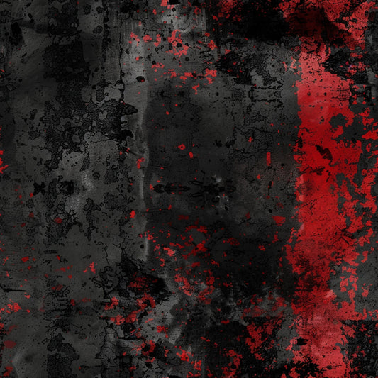 red, black, gray, grunge, distressed, abstract, textured, splatters, weathered, vintage, grungy, urban, industrial, cotton fabric, quilting panel, dark mood, aged appearance, paint splashes, rough texture, edgy
