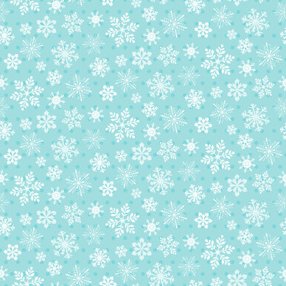 turquoise background, white snowflakes, winter pattern, repeating design, geometric snowflakes, icy blue, aqua fabric, seasonal motif, delicate snowflakes, crystalline patterns, quilting cotton, fabric panel, winter wonderland, frosty design, holiday fabric, christmas theme, scattered snowflakes, cool tones, festive pattern