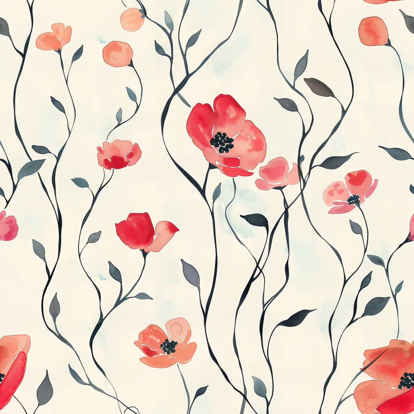 coral flowers, watercolor poppies, hand painted blooms, flowing vines, botanical pattern, cream background, dusty blue leaves, soft pink petals, red flowers, organic stems, meadow wildflowers, floral motif, quilting cotton, fabric panel, spring blooms, delicate florals, nature inspired, whimsical style, garden flowers, artistic brushstrokes
