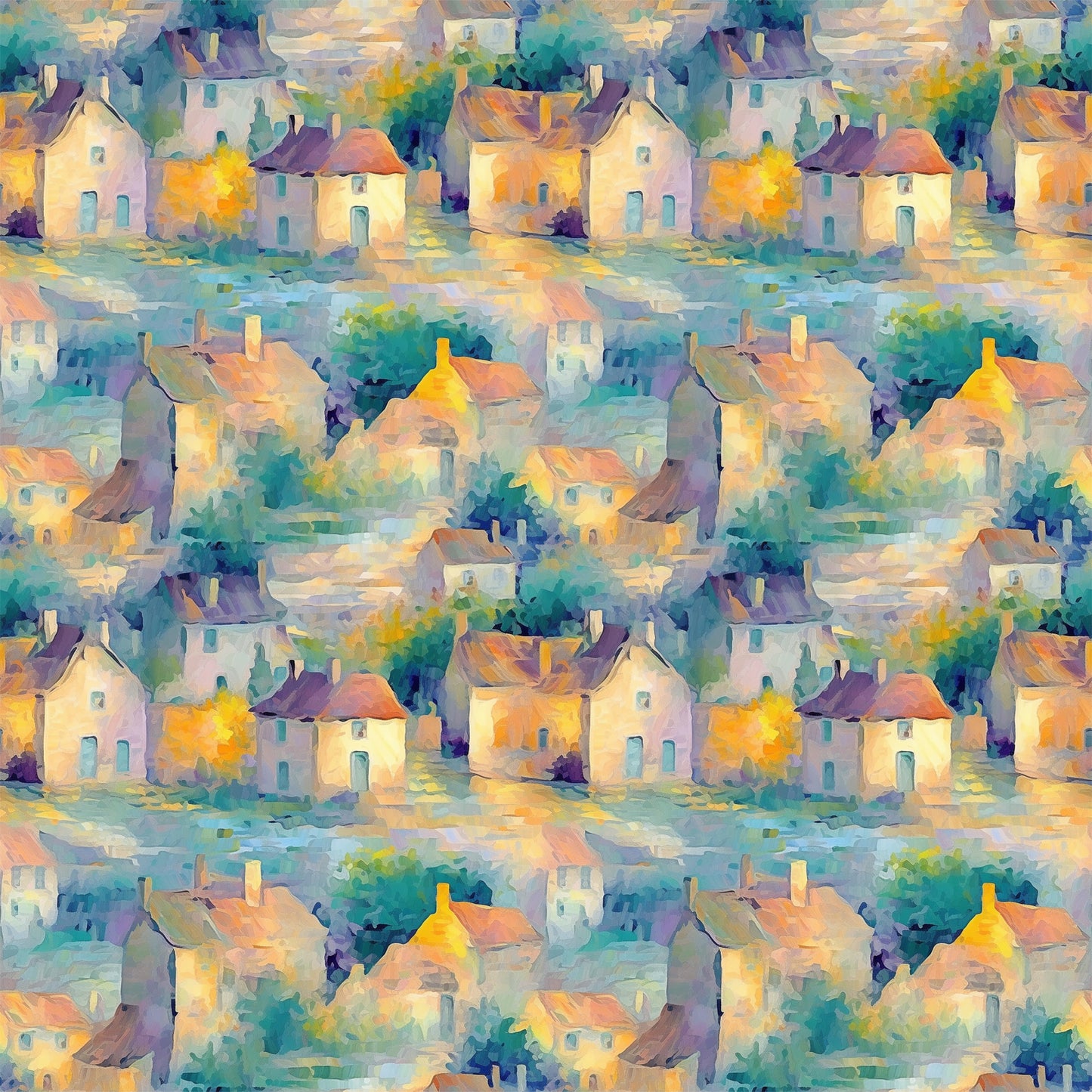 monet inspired, impressionist style, village scene, cottages, houses, watercolor effect, soft brushstrokes, teal, turquoise, orange, yellow, purple, lavender, peachy pink, dreamy atmosphere, whimsical buildings, artistic pattern, quilting cotton, fabric panel, painterly design, pastel palette