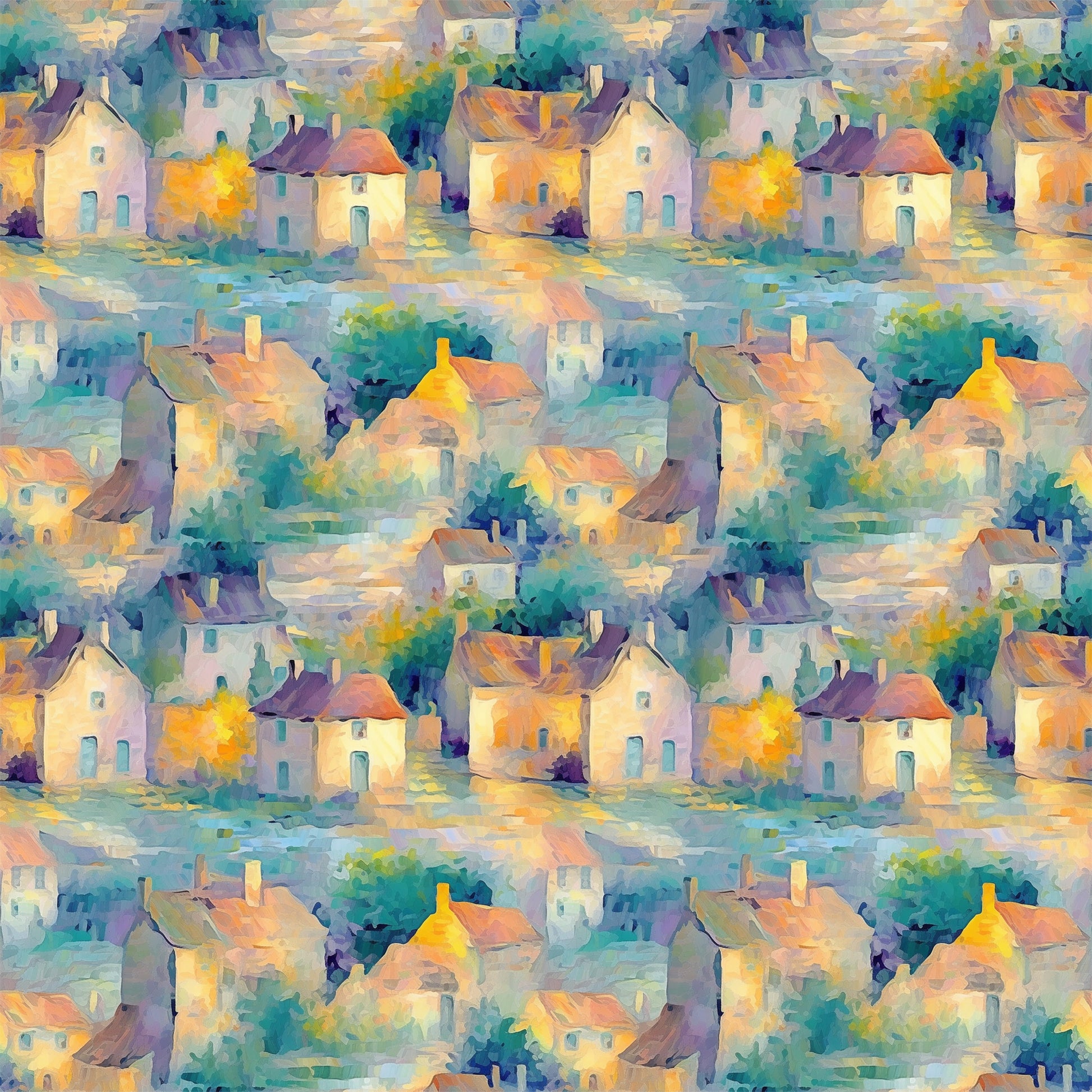monet inspired, impressionist style, village scene, cottages, houses, watercolor effect, soft brushstrokes, teal, turquoise, orange, yellow, purple, lavender, peachy pink, dreamy atmosphere, whimsical buildings, artistic pattern, quilting cotton, fabric panel, painterly design, pastel palette