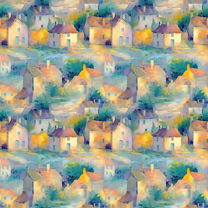 monet inspired, impressionist style, village scene, cottages, houses, watercolor effect, soft brushstrokes, teal, turquoise, orange, yellow, purple, lavender, peachy pink, dreamy atmosphere, whimsical buildings, artistic pattern, quilting cotton, fabric panel, painterly design, pastel palette