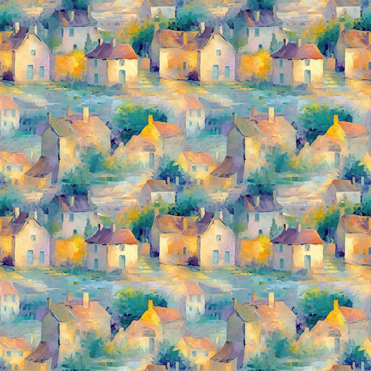 monet inspired, impressionist style, village scene, cottages, houses, watercolor effect, soft brushstrokes, teal, turquoise, orange, yellow, purple, lavender, peachy pink, dreamy atmosphere, whimsical buildings, artistic pattern, quilting cotton, fabric panel, painterly design, pastel palette