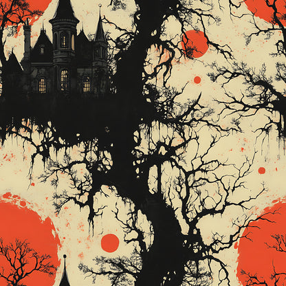 blood moon, gothic mansion, haunted castle, bare tree, spooky branches, orange red sky, cream beige, black silhouette, halloween theme, horror aesthetic, dramatic sky, eerie atmosphere, quilting cotton, fabric panel, gothic architecture, dark windows, twisted branches, autumn colors, supernatural mood, vintage horror