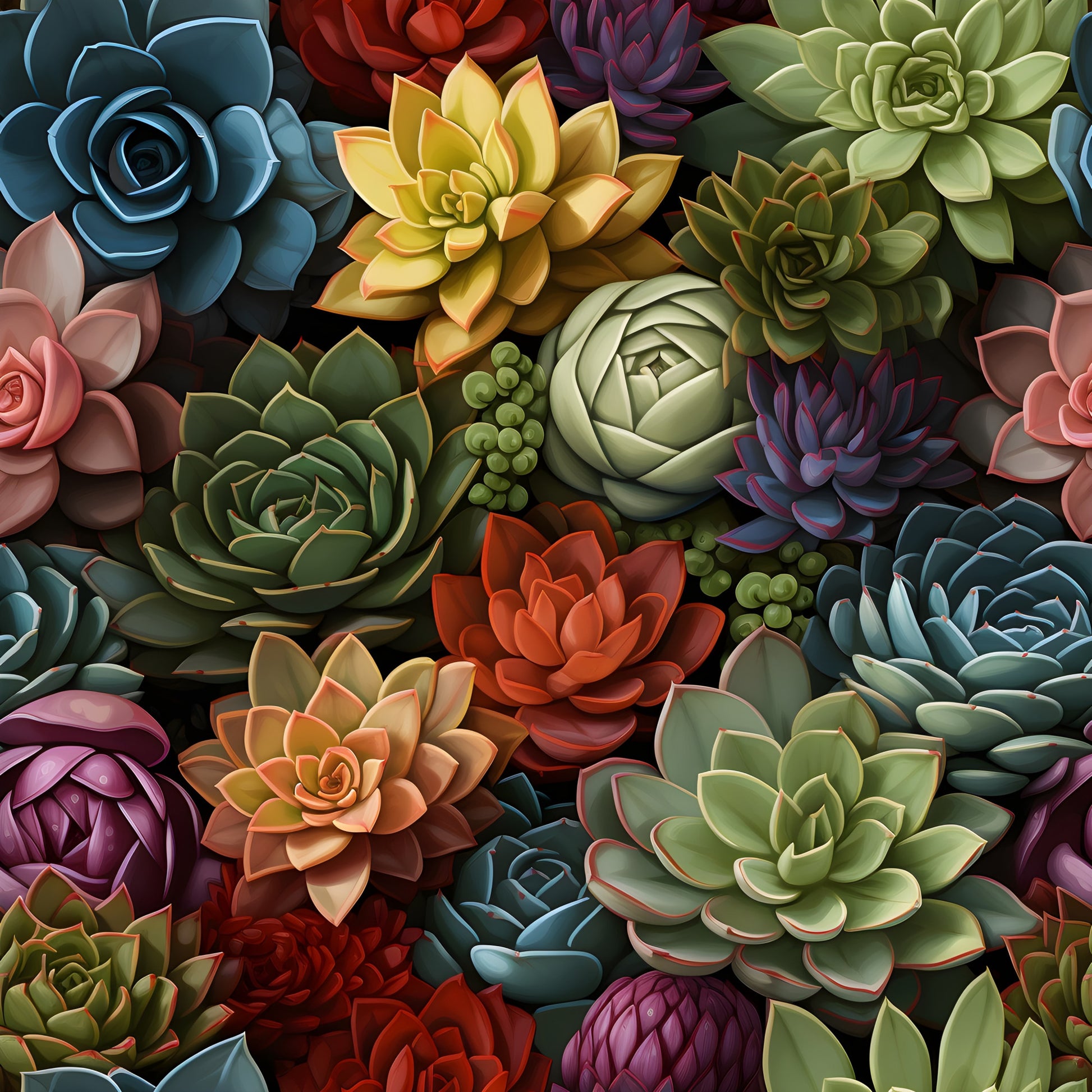 succulents, botanical, quilting cotton, fabric panel, teal, coral, burgundy, sage green, purple, yellow, orange, pink, rosette pattern, echeveria, sempervivum, clustered arrangement, realistic style, nature motif, gardening theme, vibrant colors, densely packed, floral alternative