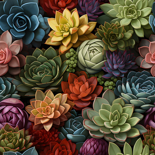 succulents, botanical, quilting cotton, fabric panel, teal, coral, burgundy, sage green, purple, yellow, orange, pink, rosette pattern, echeveria, sempervivum, clustered arrangement, realistic style, nature motif, gardening theme, vibrant colors, densely packed, floral alternative