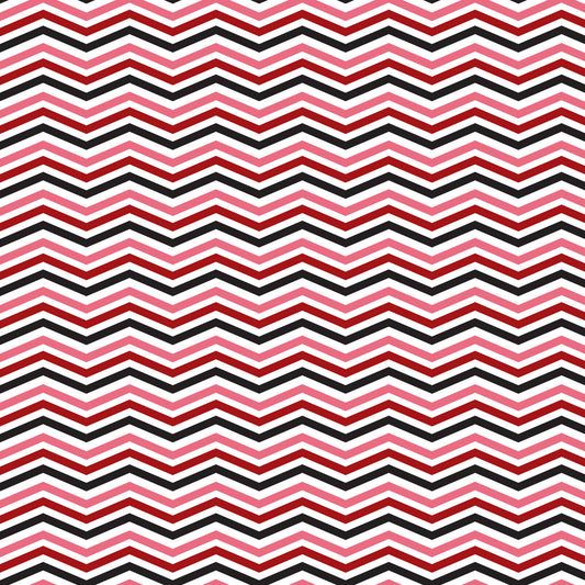 black, red, pink, white, chevron pattern, zigzag stripes, geometric design, retro style, 1950s inspired, diner aesthetic, quilting cotton, fabric panel, repeating pattern, angular lines, mid-century modern, nostalgic feel, striped chevrons, monochrome accents