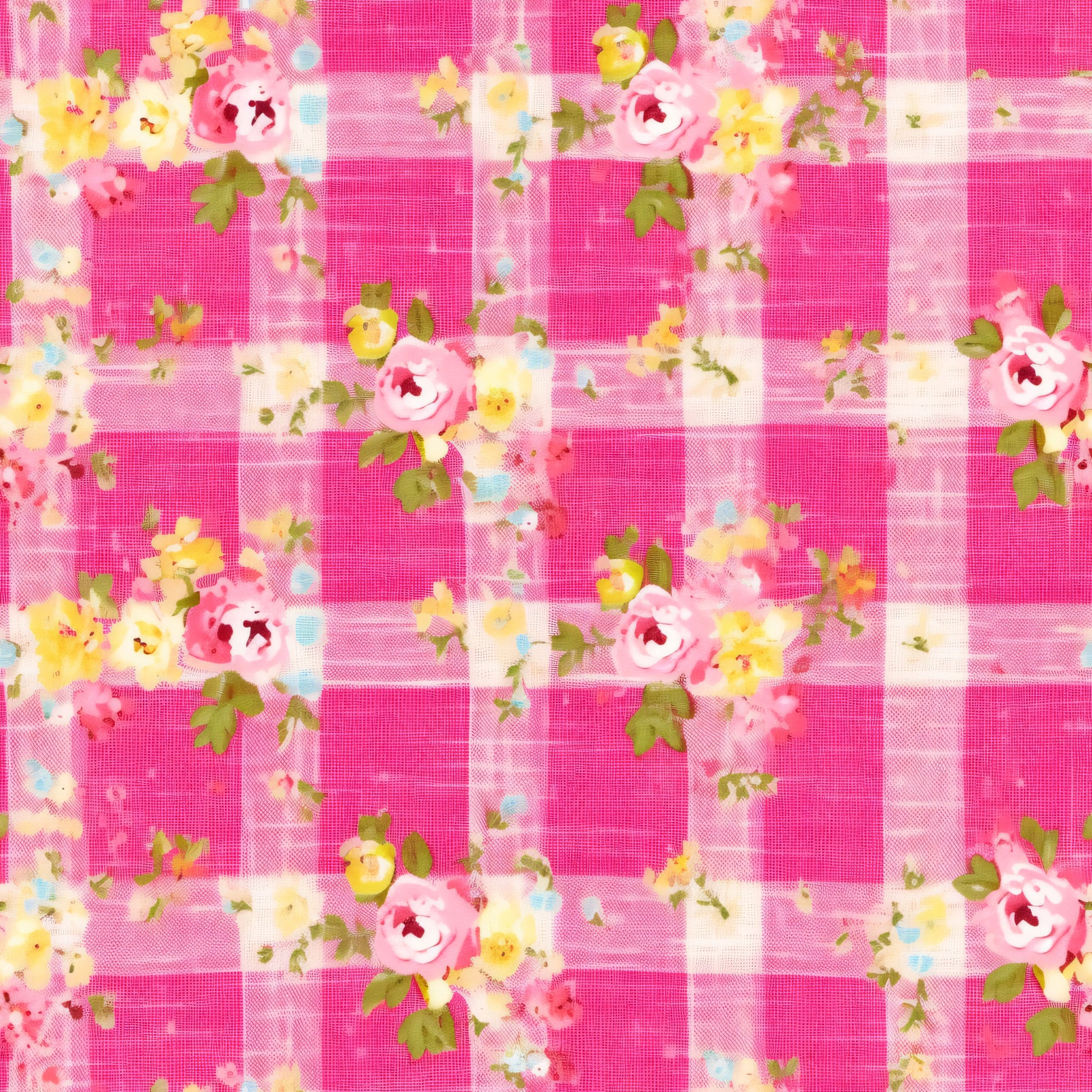 hot pink, fuchsia, white, yellow, plaid pattern, gingham checks, floral motif, roses, country style, quilting cotton, fabric panel, cottage core, feminine, vintage flowers, checkered background, pink roses, yellow blooms, green leaves, shabby chic, pastoral