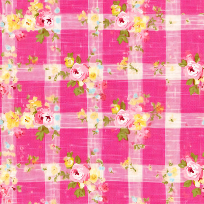 hot pink, fuchsia, white, yellow, plaid pattern, gingham checks, floral motif, roses, country style, quilting cotton, fabric panel, cottage core, feminine, vintage flowers, checkered background, pink roses, yellow blooms, green leaves, shabby chic, pastoral