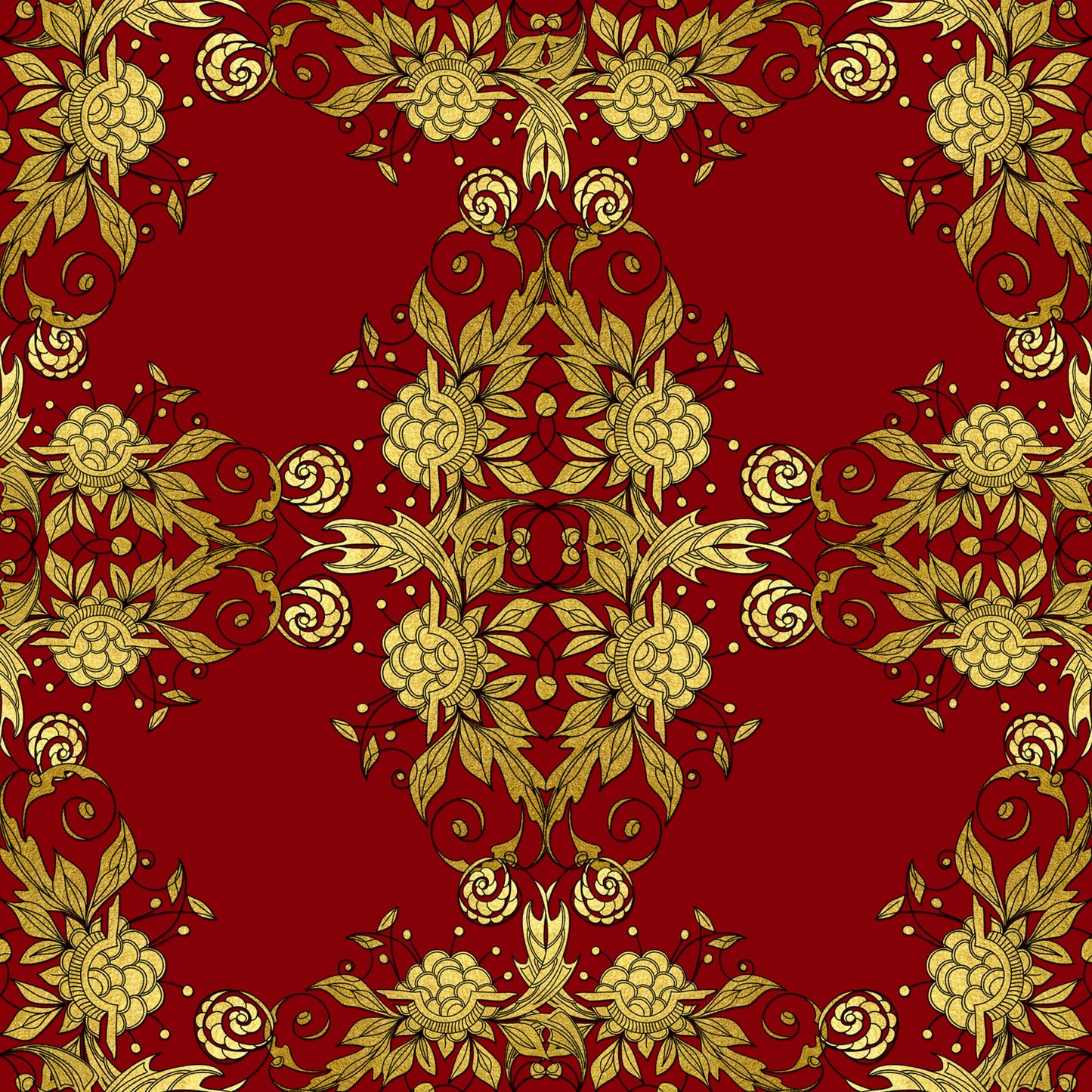 red, gold, christmas, floral pattern, ornate design, decorative motifs, roses, leaves, scrollwork, damask style, elegant, festive, quilting cotton, fabric panel, botanical elements, intricate details, rich colors, holiday theme, symmetrical pattern, luxurious