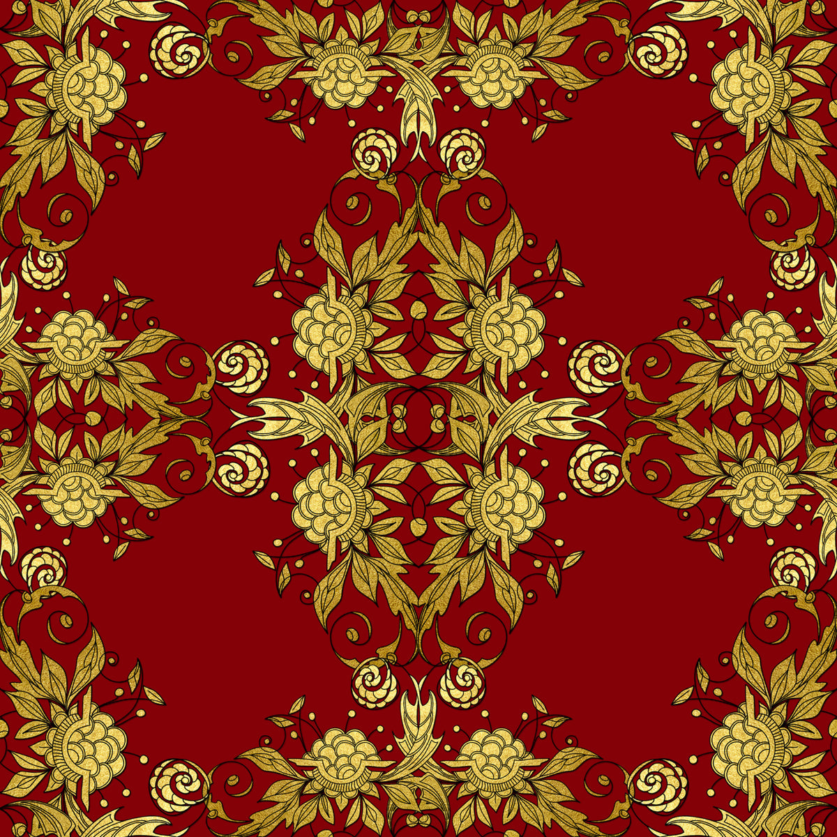 red, gold, christmas, floral pattern, ornate design, decorative motifs, roses, leaves, scrollwork, damask style, elegant, festive, quilting cotton, fabric panel, botanical elements, intricate details, rich colors, holiday theme, symmetrical pattern, luxurious