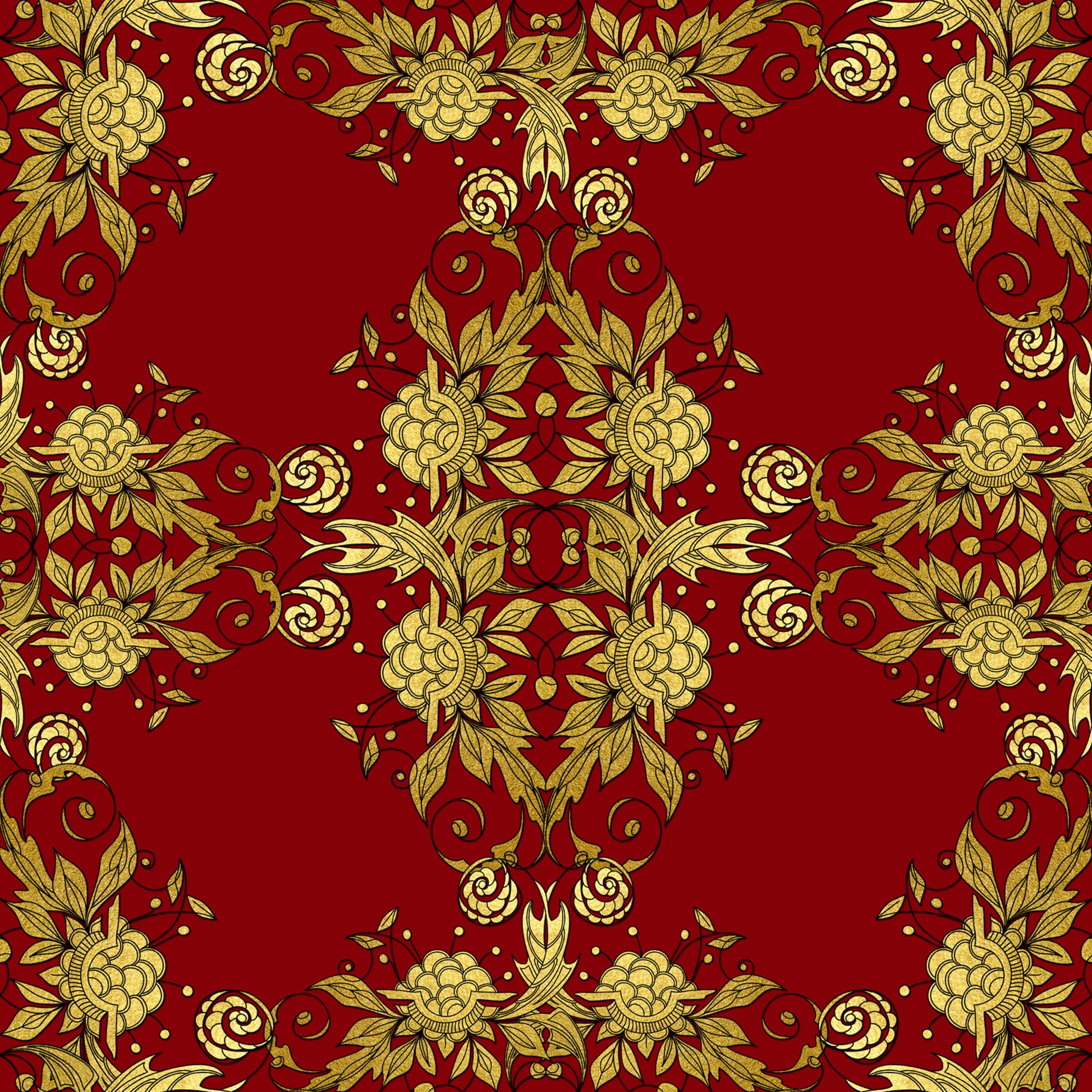 red, gold, christmas, floral pattern, ornate design, decorative motifs, roses, leaves, scrollwork, damask style, elegant, festive, quilting cotton, fabric panel, botanical elements, intricate details, rich colors, holiday theme, symmetrical pattern, luxurious