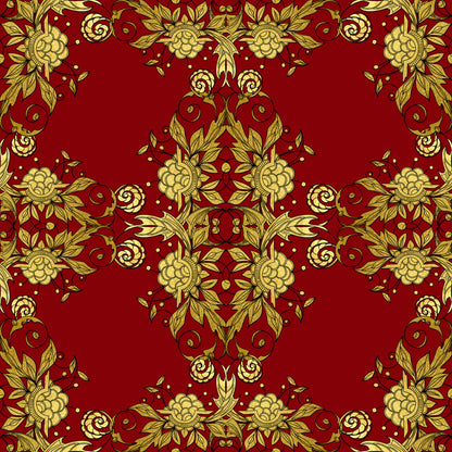 red, gold, christmas, floral pattern, ornate design, decorative motifs, roses, leaves, scrollwork, damask style, elegant, festive, quilting cotton, fabric panel, botanical elements, intricate details, rich colors, holiday theme, symmetrical pattern, luxurious
