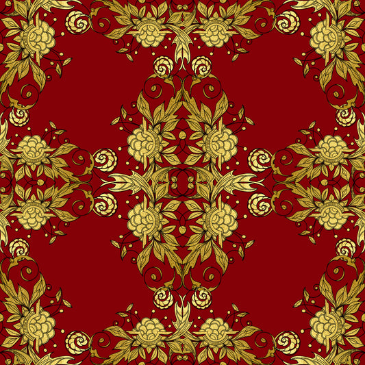 red, gold, christmas, floral pattern, ornate design, decorative motifs, roses, leaves, scrollwork, damask style, elegant, festive, quilting cotton, fabric panel, botanical elements, intricate details, rich colors, holiday theme, symmetrical pattern, luxurious