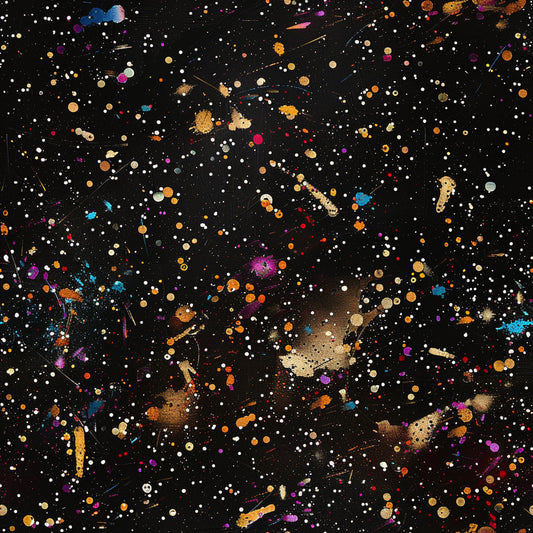 glitter, paint splatter, black background, multicolored dots, gold accents, purple splashes, orange spots, blue splatters, red droplets, white speckles, abstract pattern, cosmic design, starry night, artistic mess, quilting cotton, fabric panel, contemporary art, vibrant colors, splashed paint, celestial theme