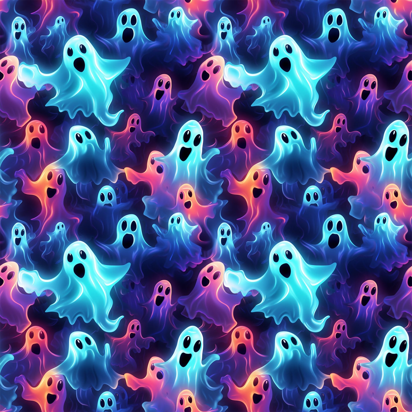 halloween fabric, spooky ghosts, neon colors, turquoise blue, hot pink, purple, orange, black background, glowing effect, cartoon ghosts, surprised expressions, seamless pattern, quilting cotton, fabric panel, supernatural theme, vibrant hues, floating spirits, halloween characters, spooky cute, psychedelic colors