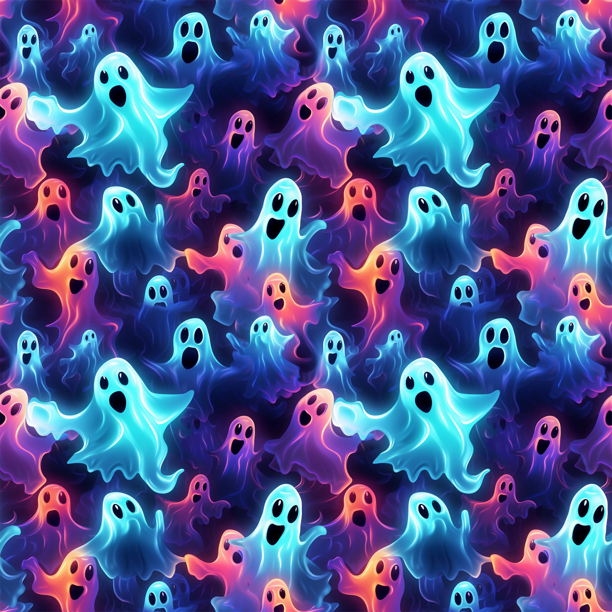 halloween fabric, spooky ghosts, neon colors, turquoise blue, hot pink, purple, orange, black background, glowing effect, cartoon ghosts, surprised expressions, seamless pattern, quilting cotton, fabric panel, supernatural theme, vibrant hues, floating spirits, halloween characters, spooky cute, psychedelic colors